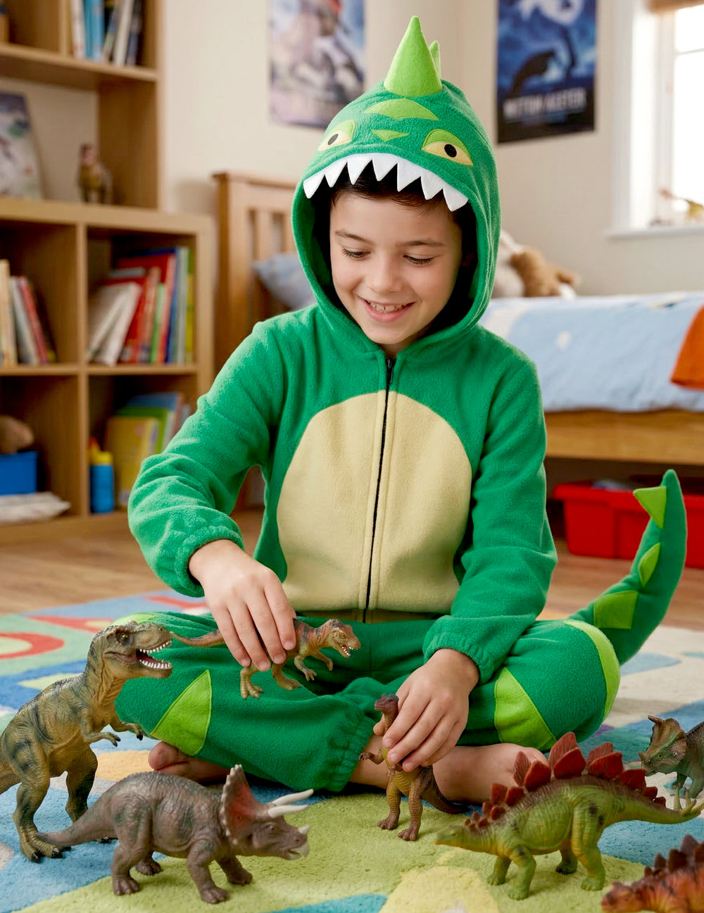 Vue assis en train de jouer du déguisement de dinosaure pour enfant