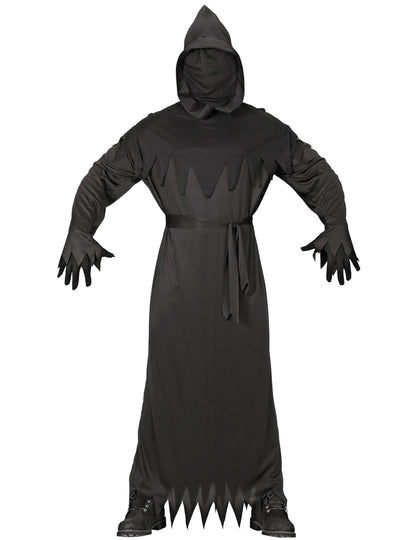 Vue de face de la tunique à capuche du déguisement de la mort pour homme