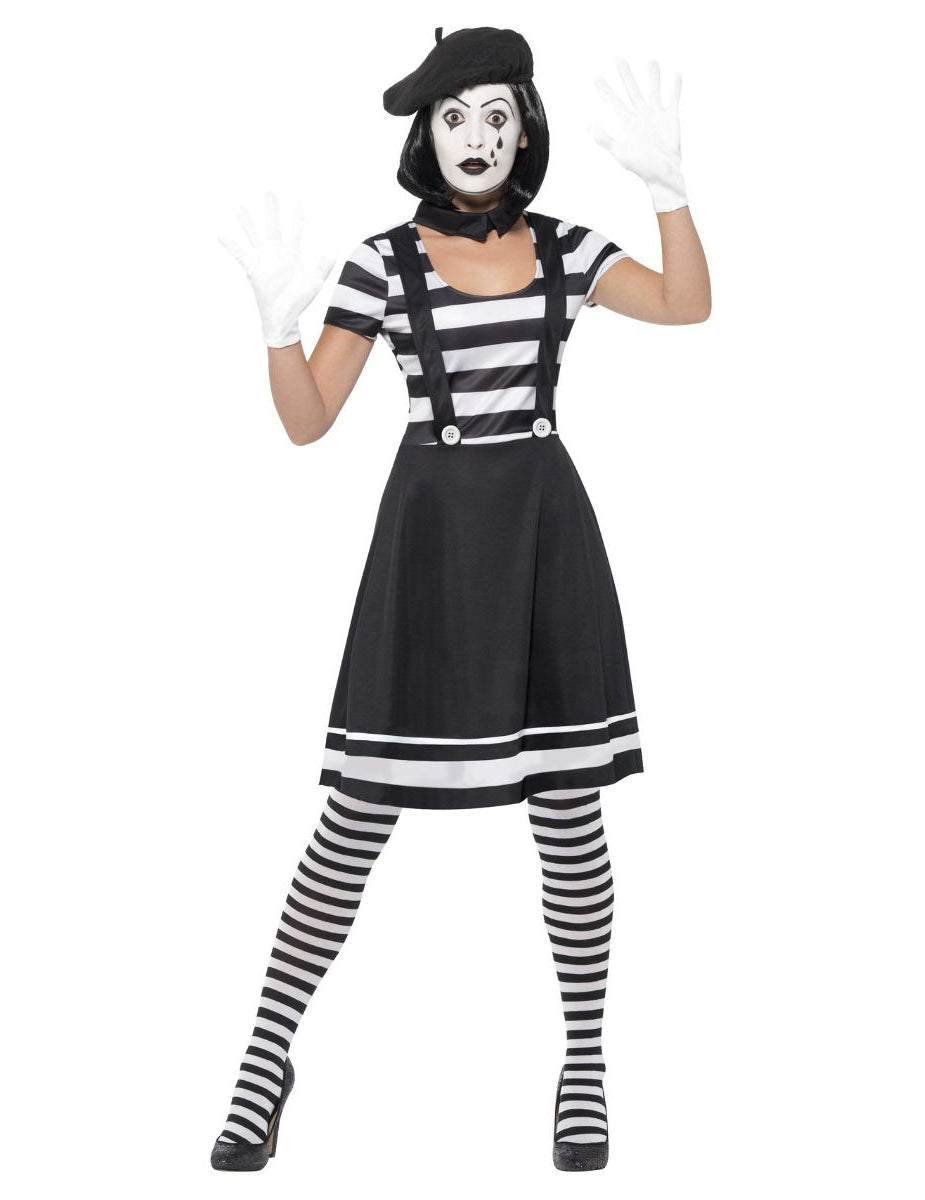 Déguisement de mime avec maquillage pour femme noir et blanc avec jupe et béret