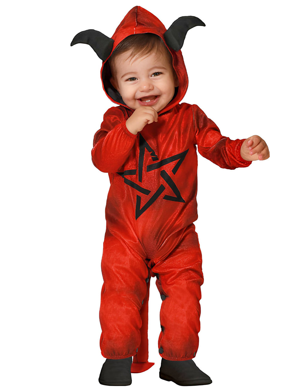Déguisement Démon pour bébé rouge avec capuche à cornes et étoile noire