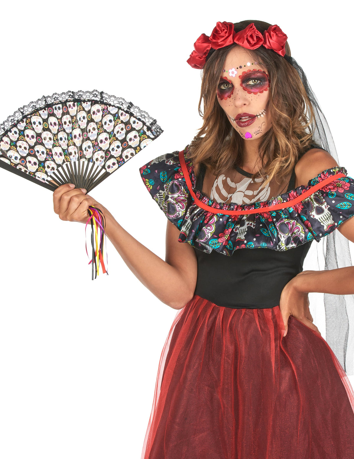 Vue du buste avec maquillage et éventail du déguisement Dia de los Muertos pour femme