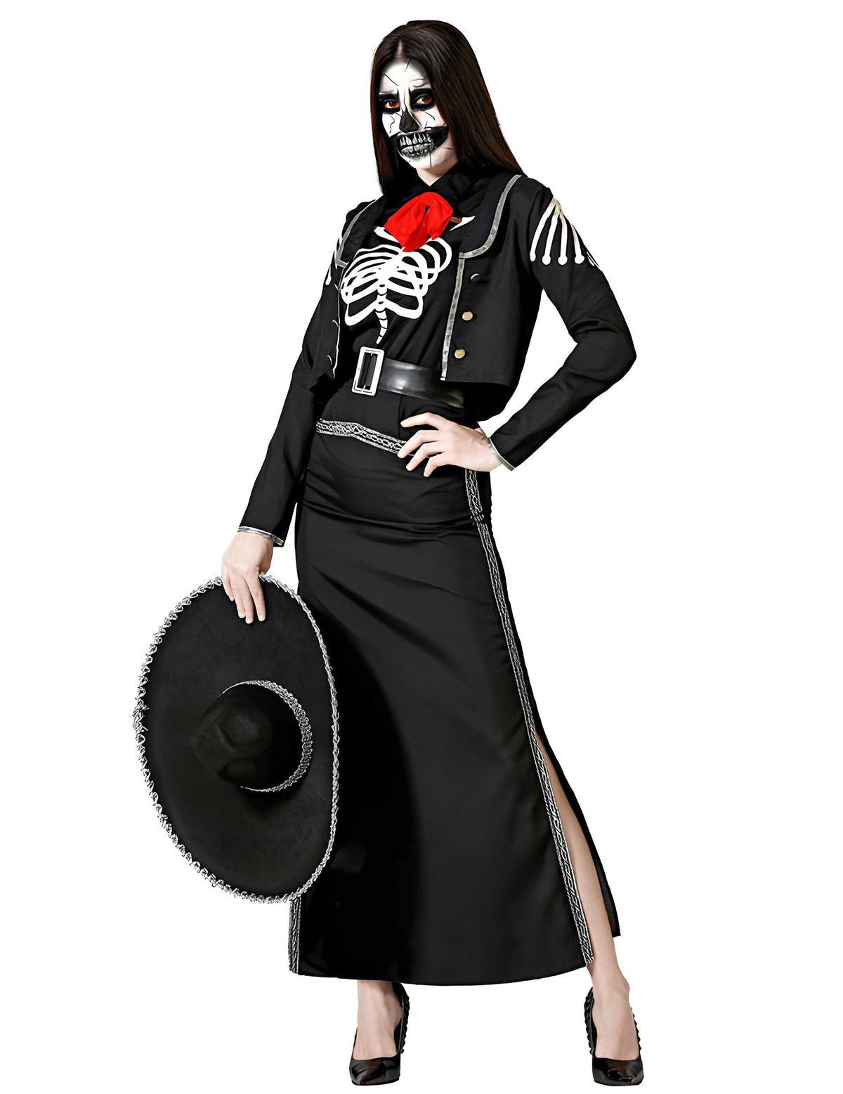 Déguisement Dia de los muertos pour femme noir avec motifs squelette et sombrero