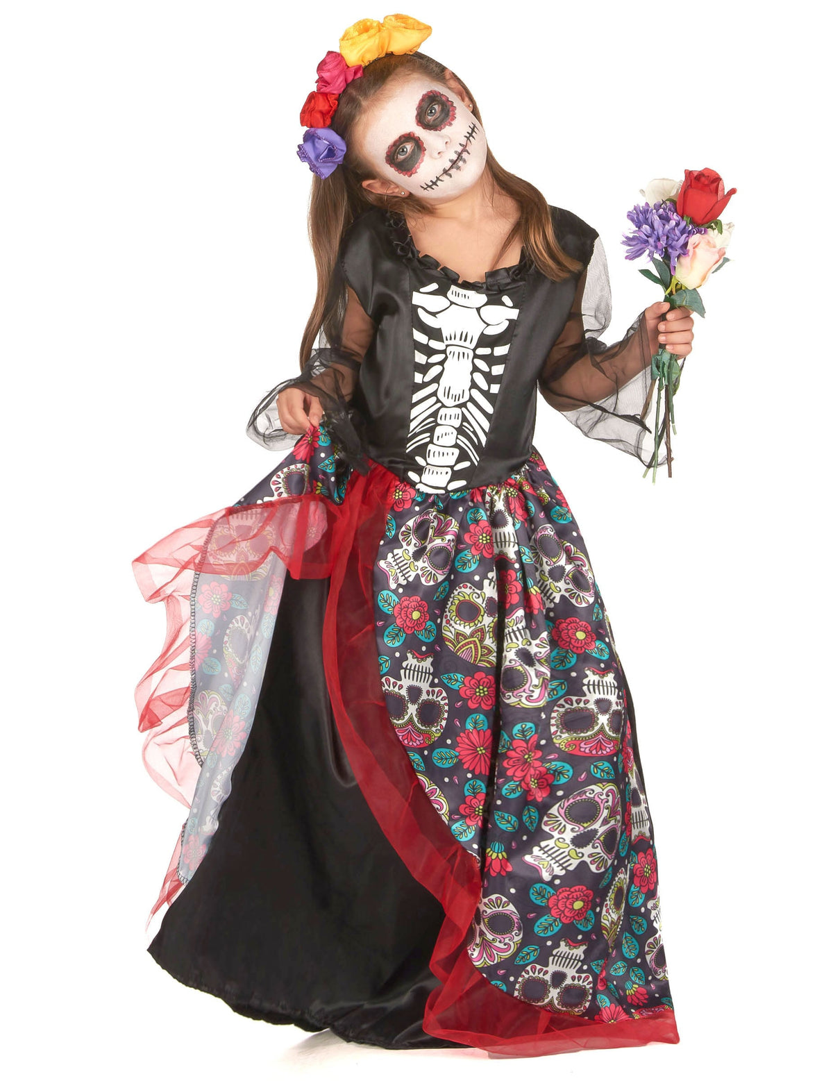Déguisement Dia de los muertos fleuri pour fille noir à motifs de crânes et fleurs colorées