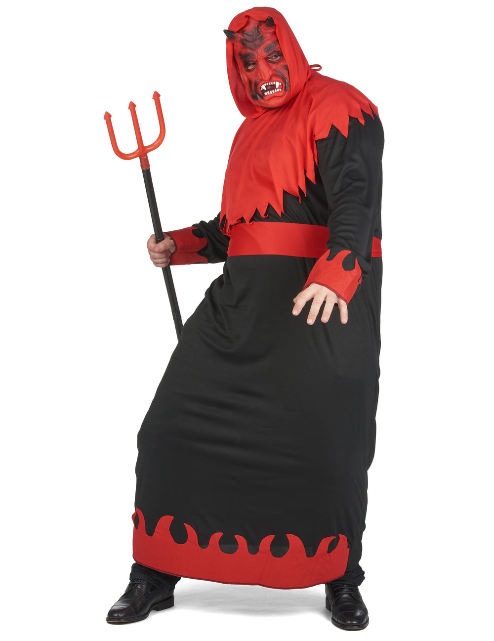 Vue de profil avec trident du déguisement de diable des enfers