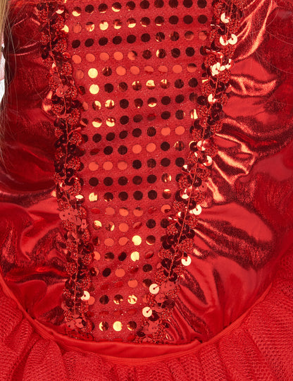 Détail des sequins rouges du bustier du déguisement diablesse tutu
