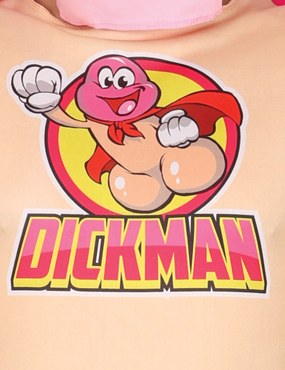 Gros plan sur le logo imprimé sur le torse du déguisement Dickman pour adulte