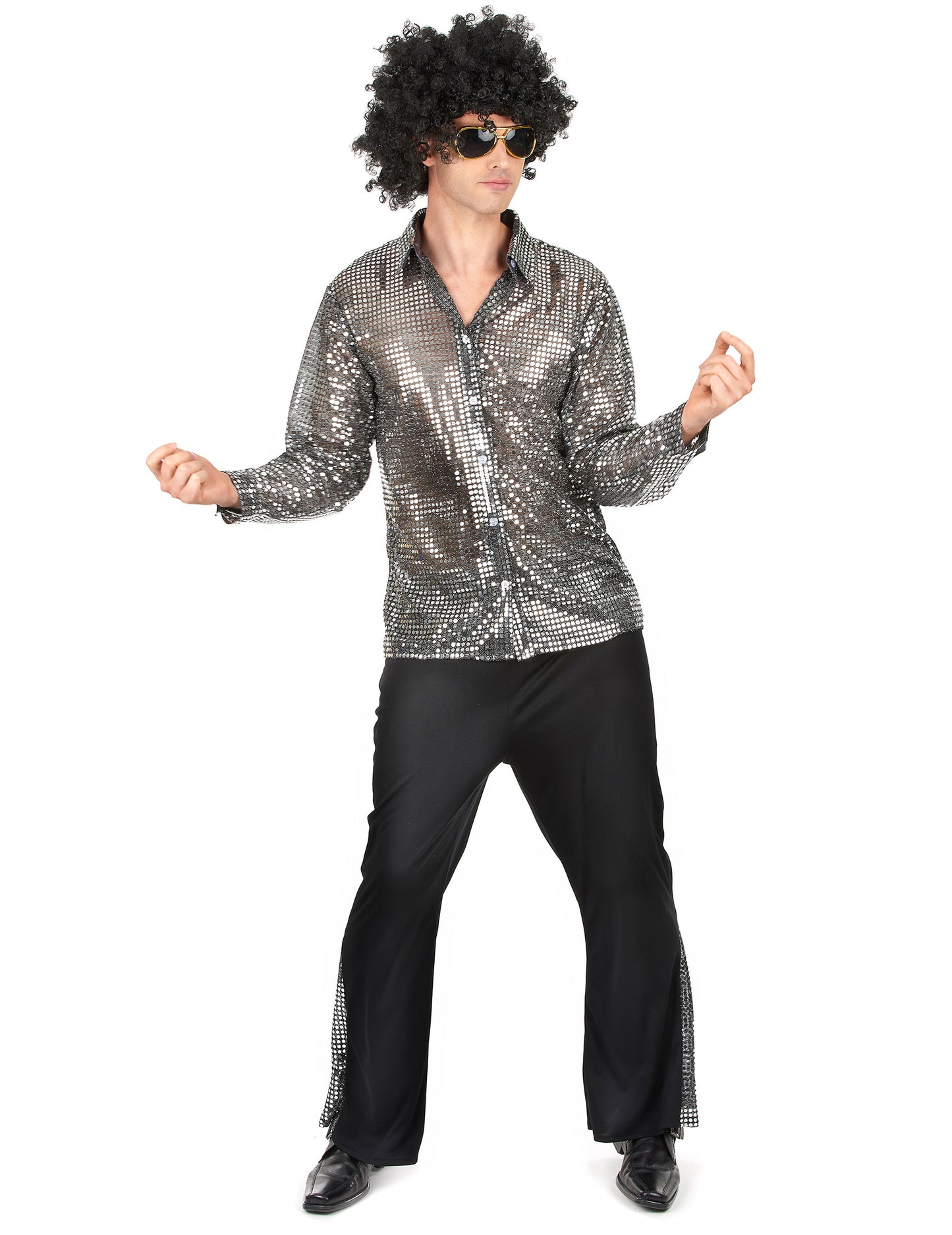 Déguisement disco pour homme argenté avec chemise brillante et pantalon noir