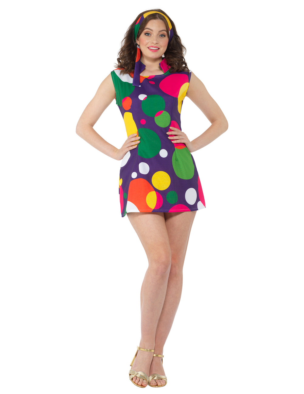 Déguisement disco pop pour femme violet à gros pois multicolores avec bandeau