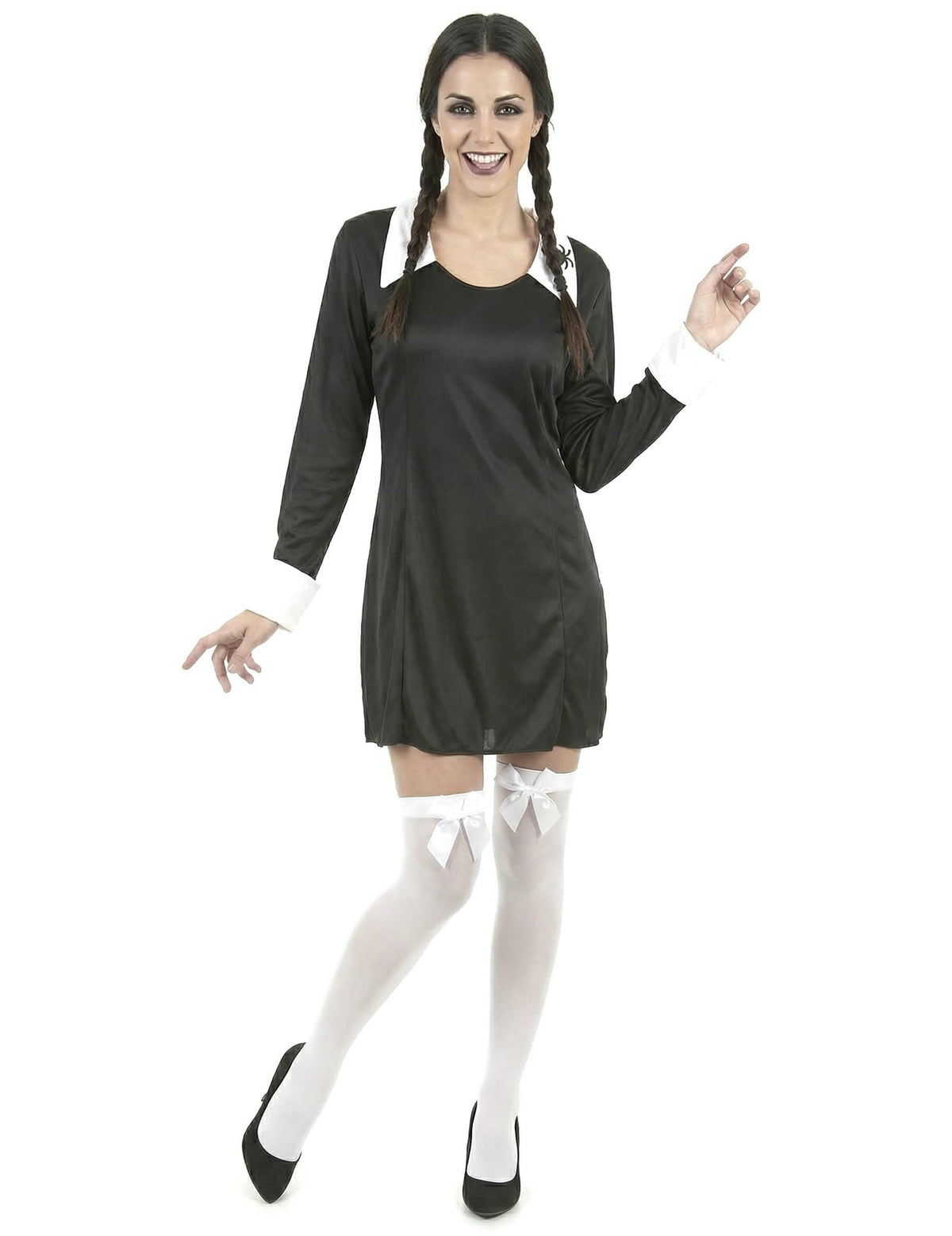 Kostim školarice za halloween za ženu crno i bijelo s bijelim čarapama s mašnama