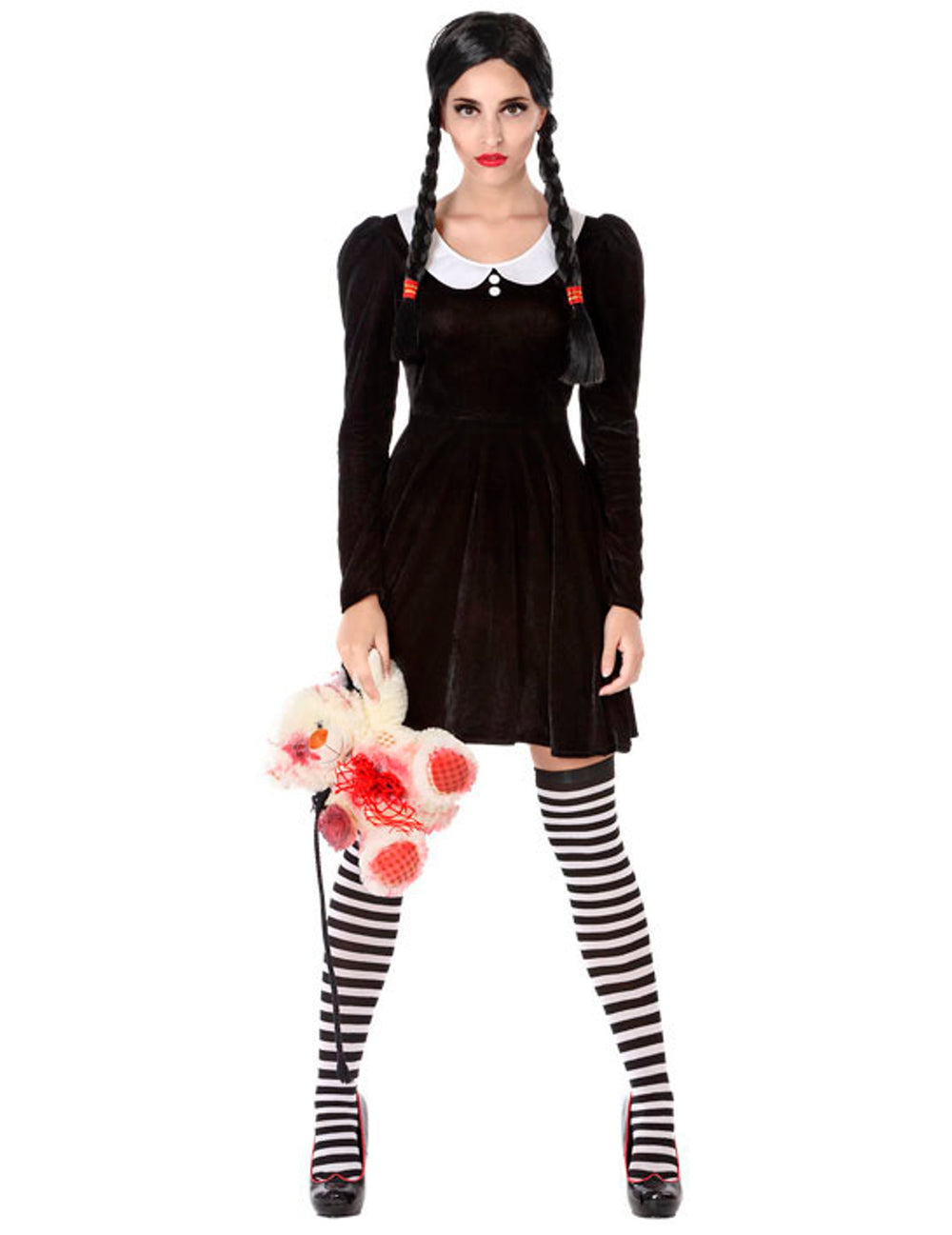 Déguisement écolière macabre pour femme noir et blanc avec col blanc et bas rayés