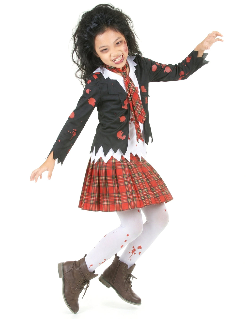 Vue de face en action du déguisement écolière zombie pour fille Halloween