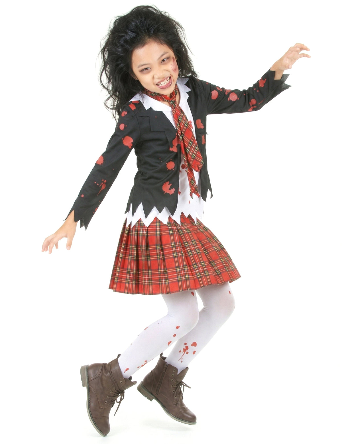 Vue de face en action du déguisement écolière zombie pour fille Halloween