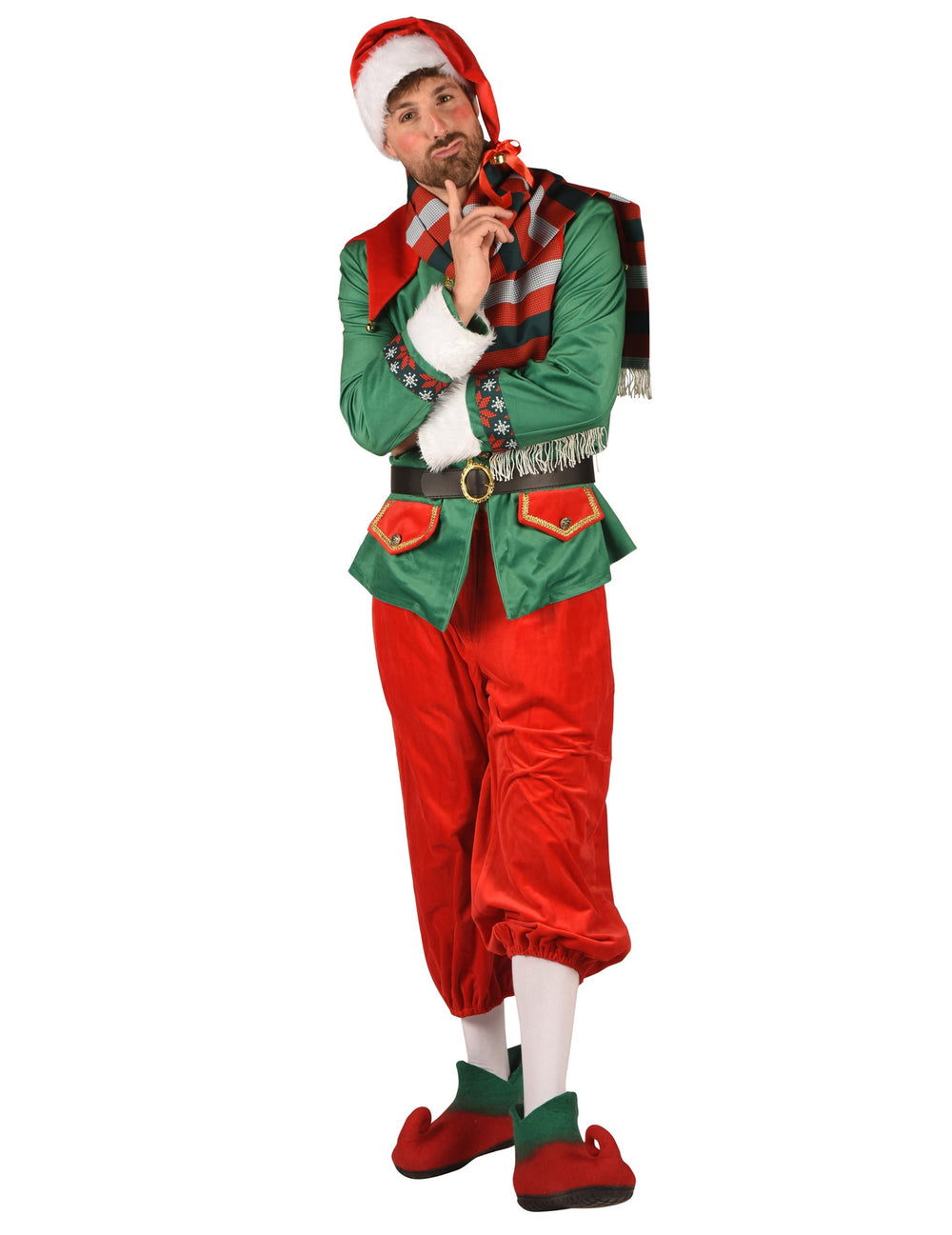 Vue de face du déguisement d'elfe de Noël luxe pour homme