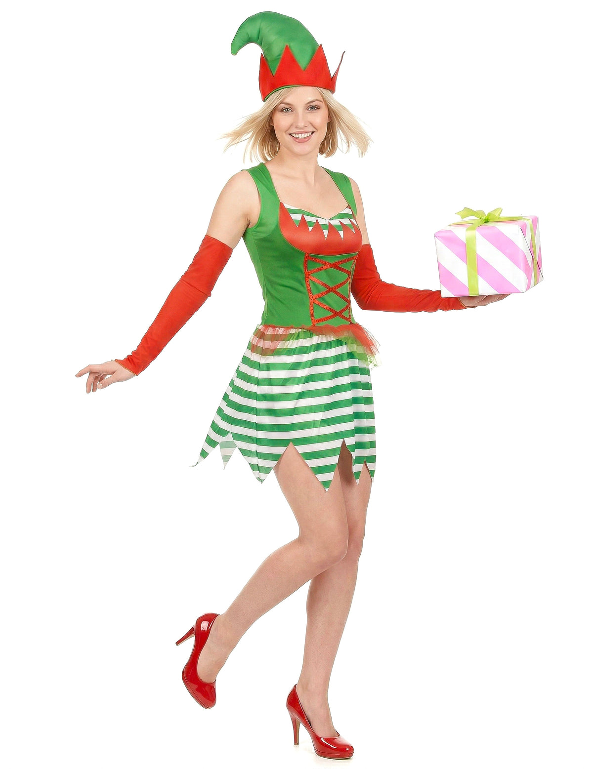 Déguisement elfe pour femme vert et rouge avec chapeau