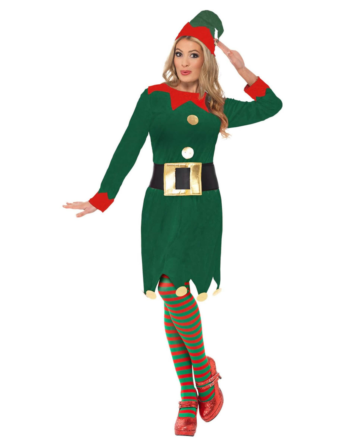 Kostim vilenjaka za žena zelena i crvena s kapom i prugastim tajicama