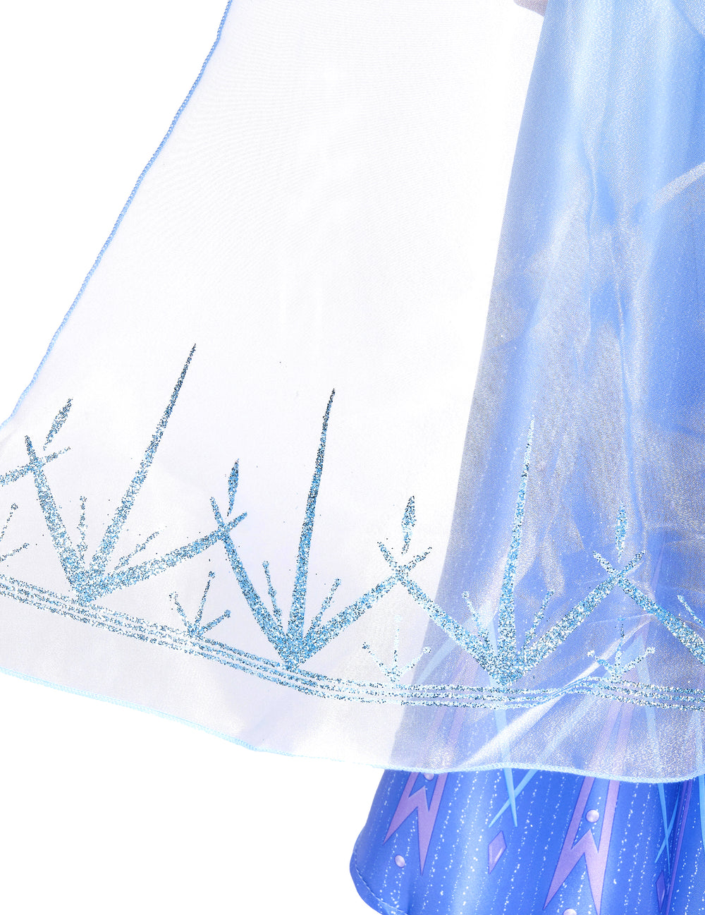 Détail du bas du voile avec motifs pailletés du déguisement Elsa Reine des Neiges 2 deluxe