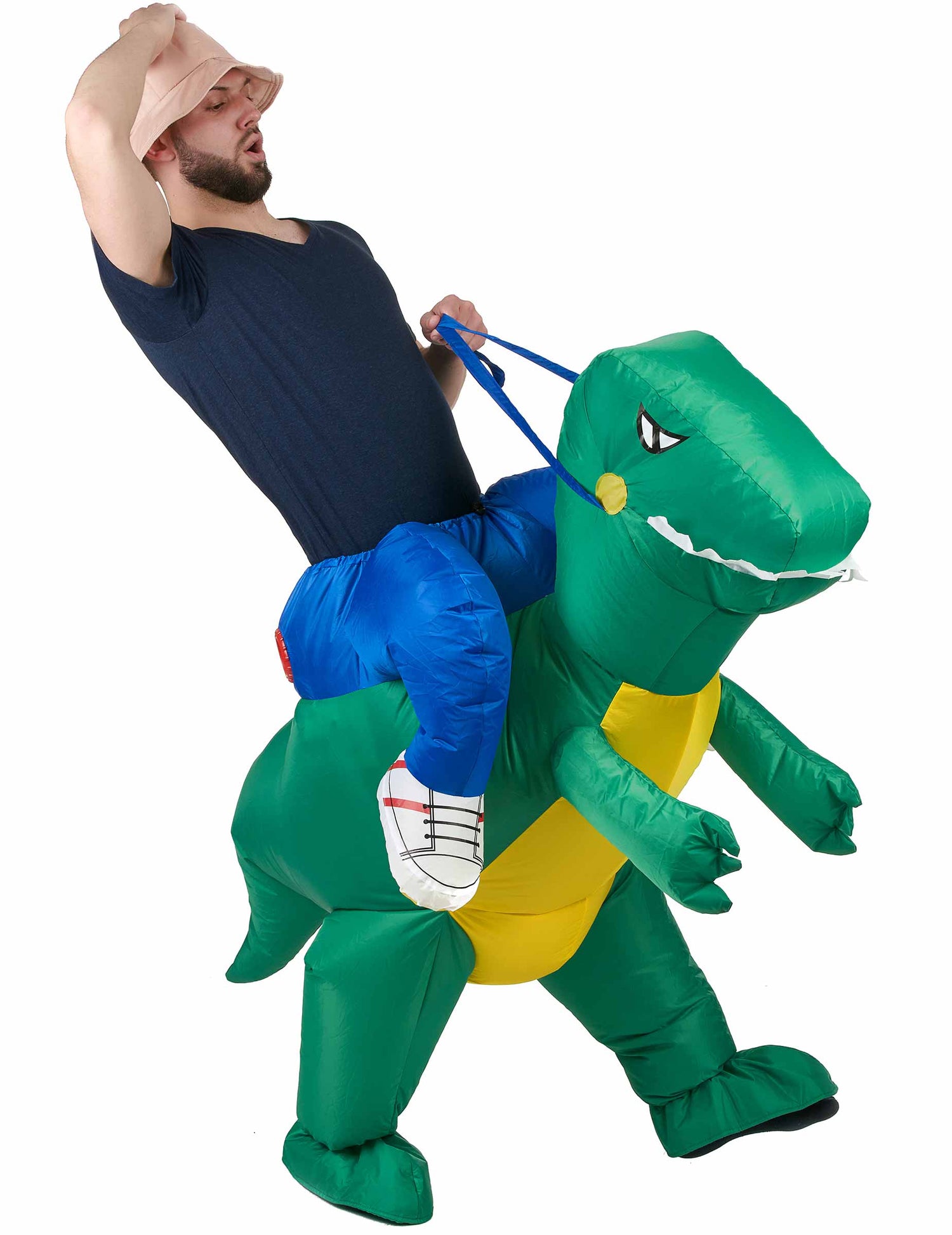 Déguisement explorateur à dos de dinosaure pour adulte gonflable vert et jaune