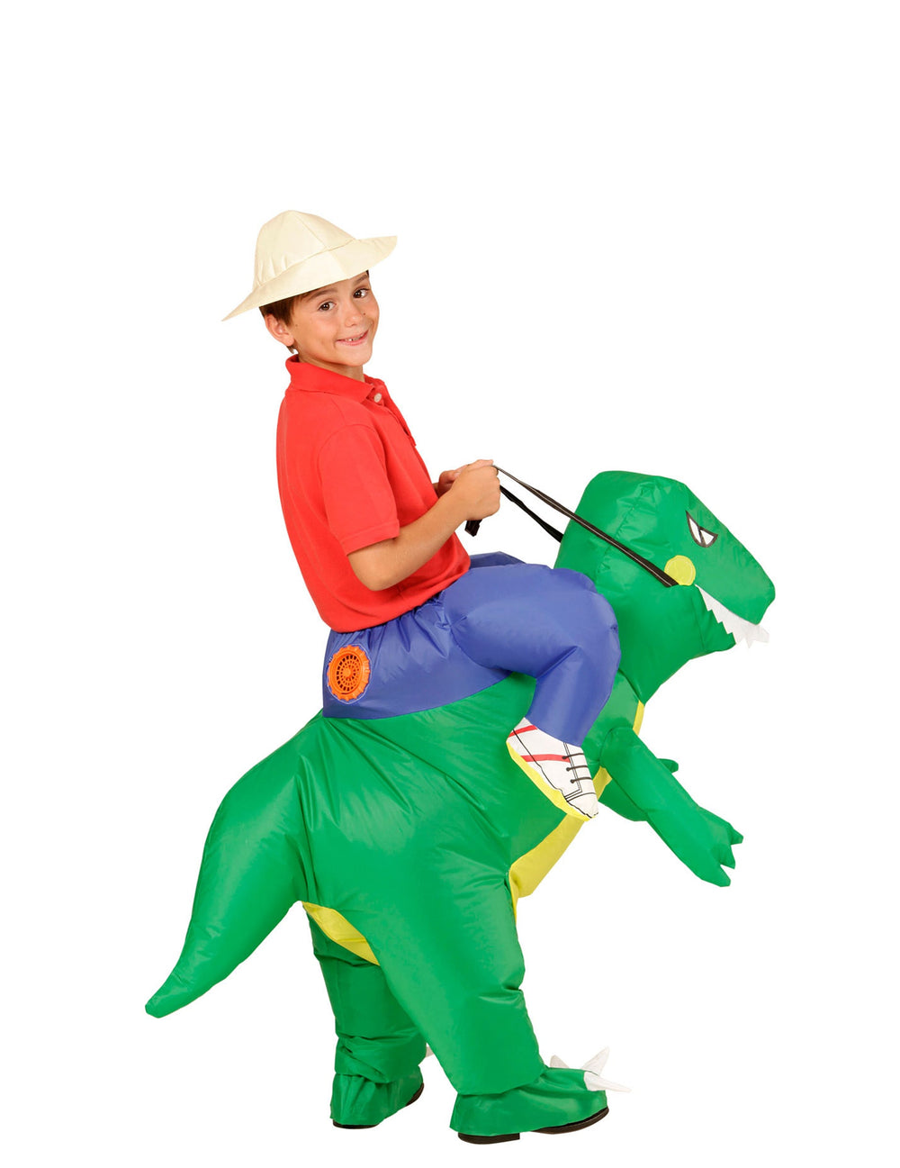 Vue de dos du déguisement explorateur à dos de dinosaure pour enfant