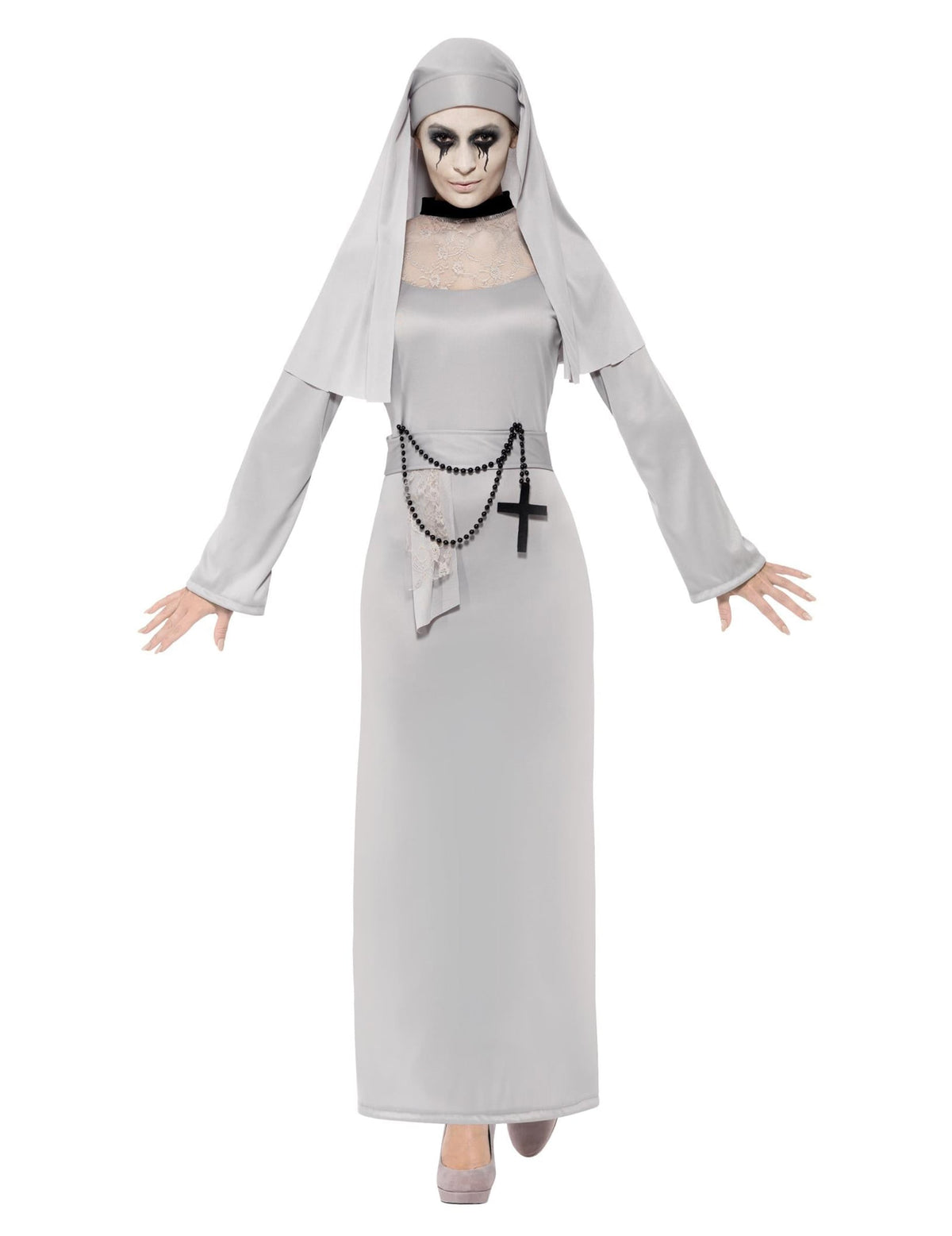 Vue de face du déguisement de fantôme religieuse pour femme
