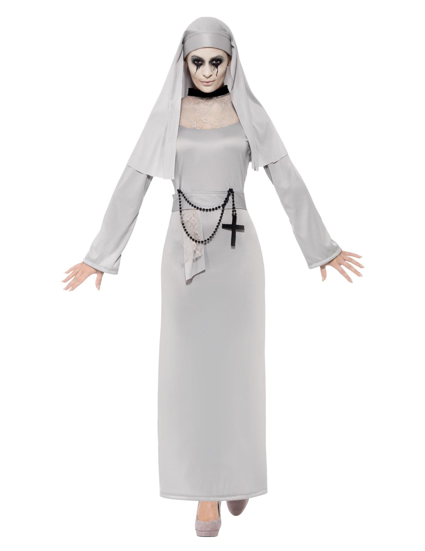 Vue de face du déguisement de fantôme religieuse pour femme