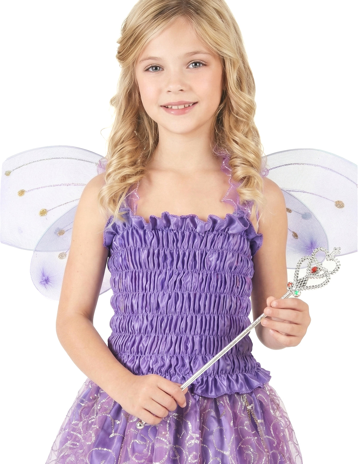 Gros plan sur le buste et la baguette du déguisement de fée violette pour fille