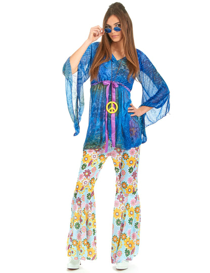 Déguisement flower power hippie pour femme bleu avec pantalon à fleurs