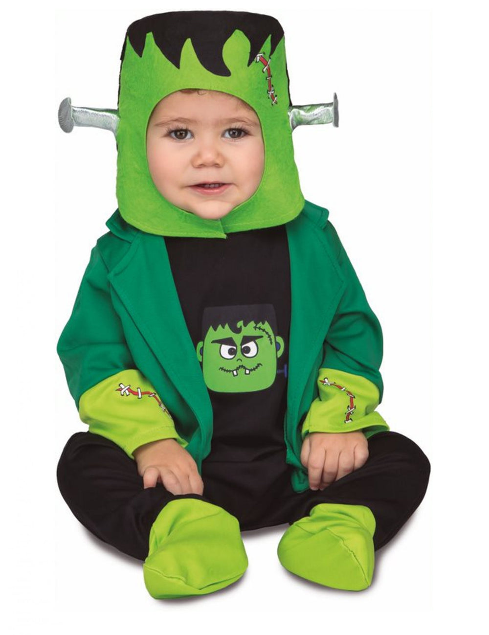 Déguisement de Francky pour bébé vert et noir avec coiffe à boulons