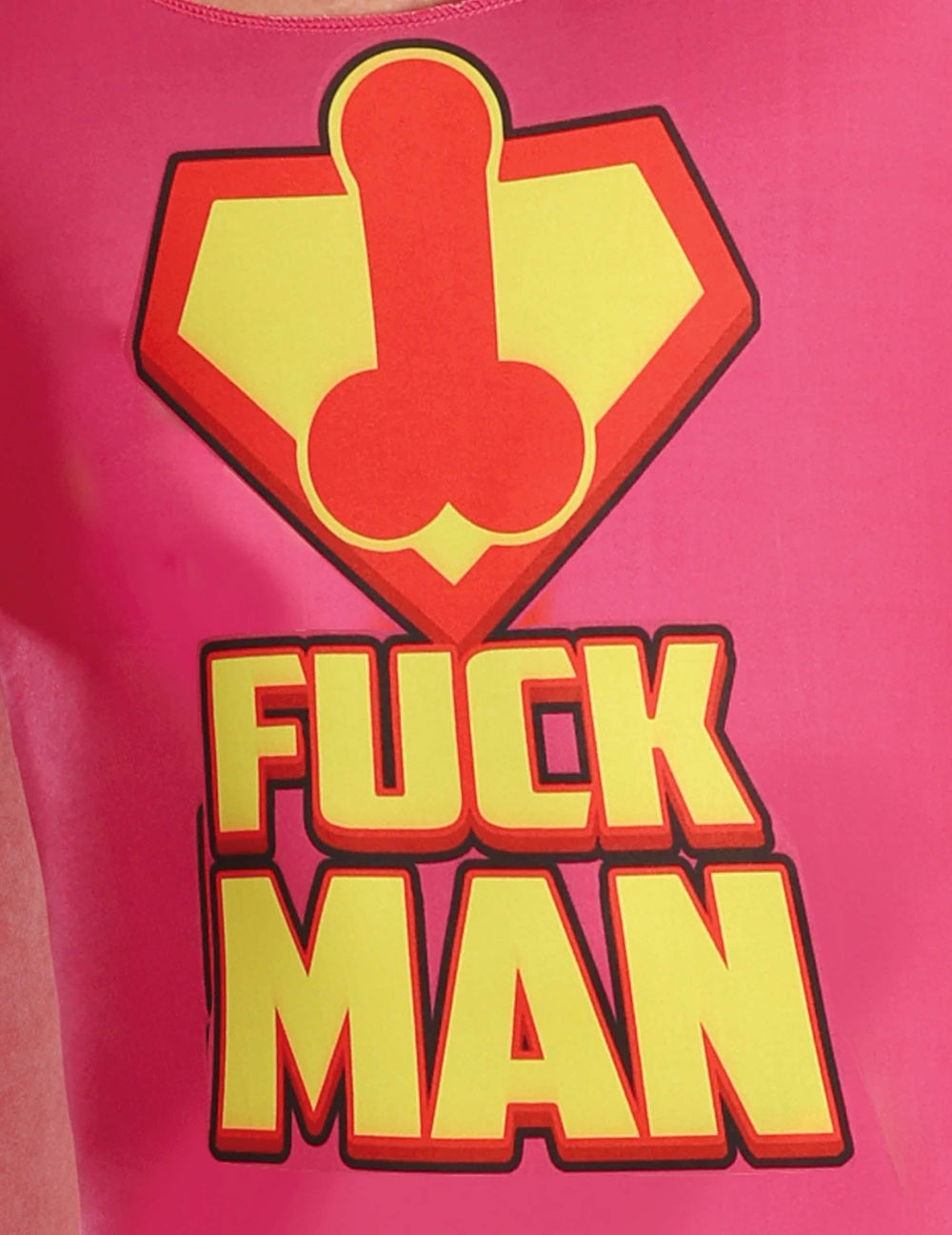 Gros plan sur le logo imprimé du déguisement Fuckman pour adulte