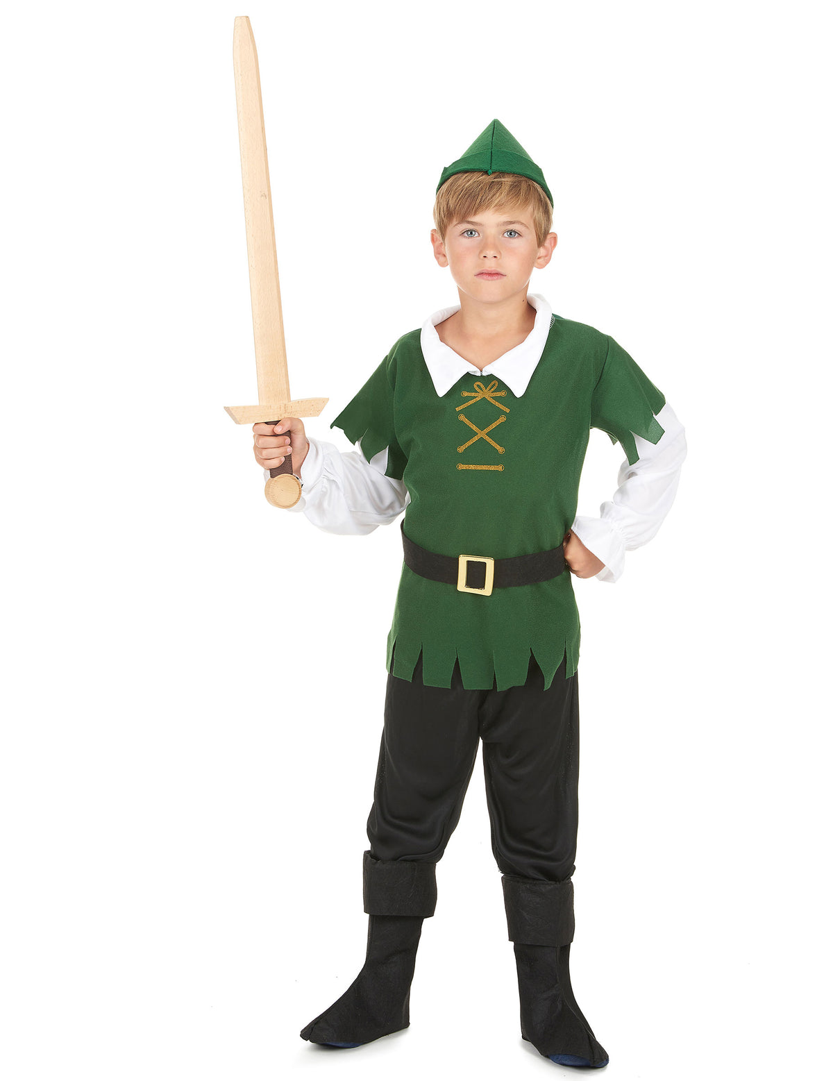 Déguisement de garçon des bois pour garçon noir et vert avec chapeau