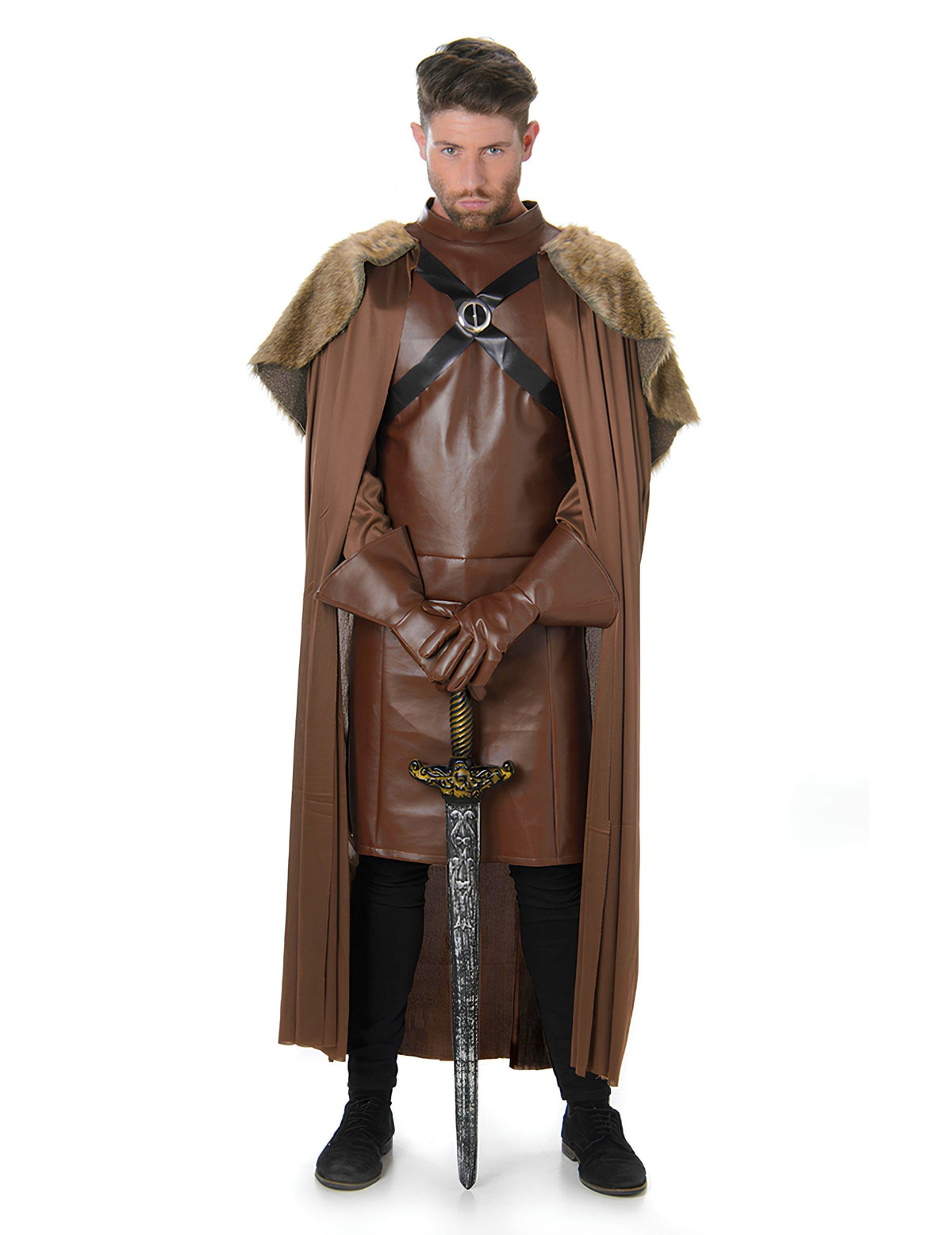 Déguisement de gardien médiéval pour homme marron avec cape à fourrure
