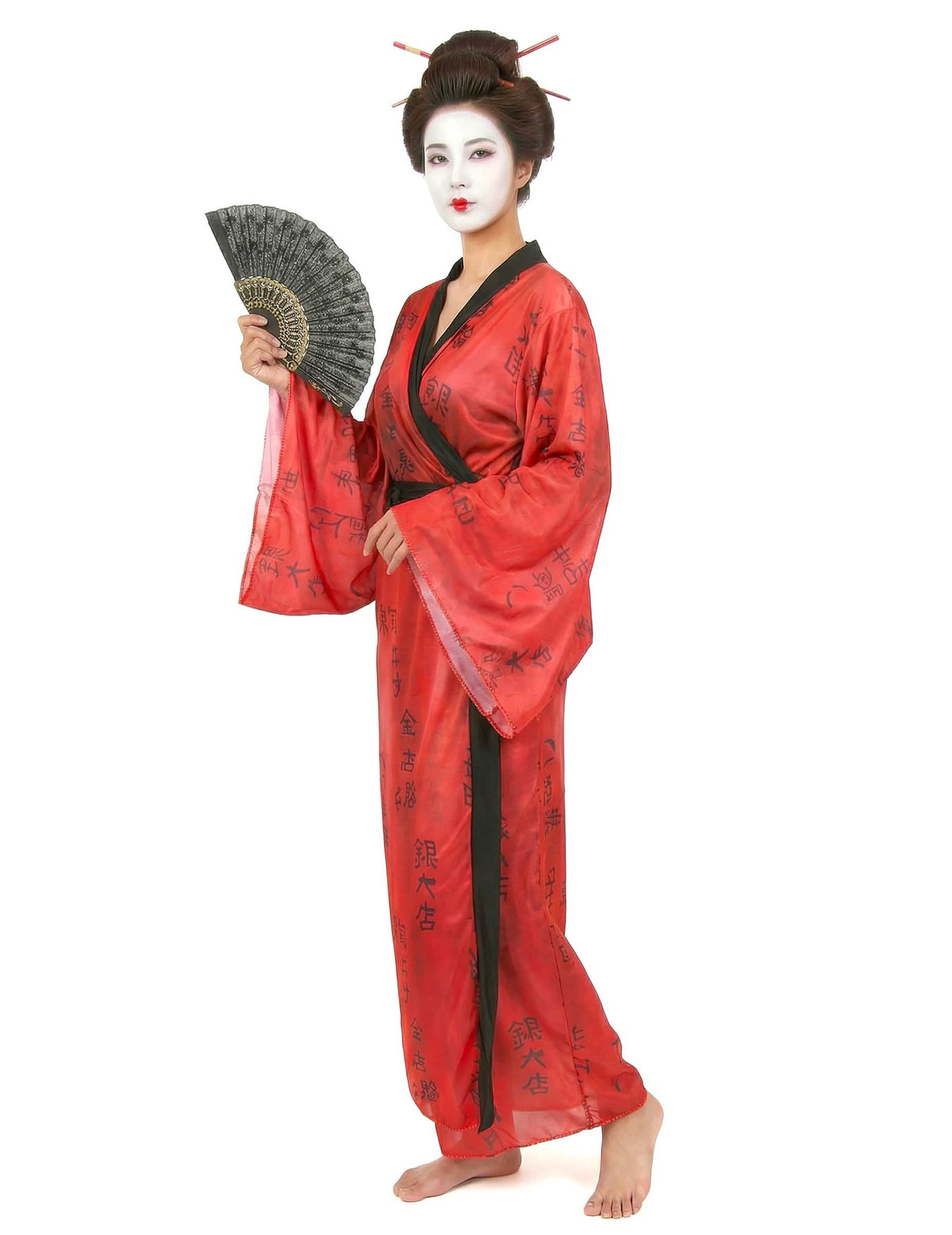 Kostim gejše za ženu crveni kimono s crnim kaligrafskim uzorcima