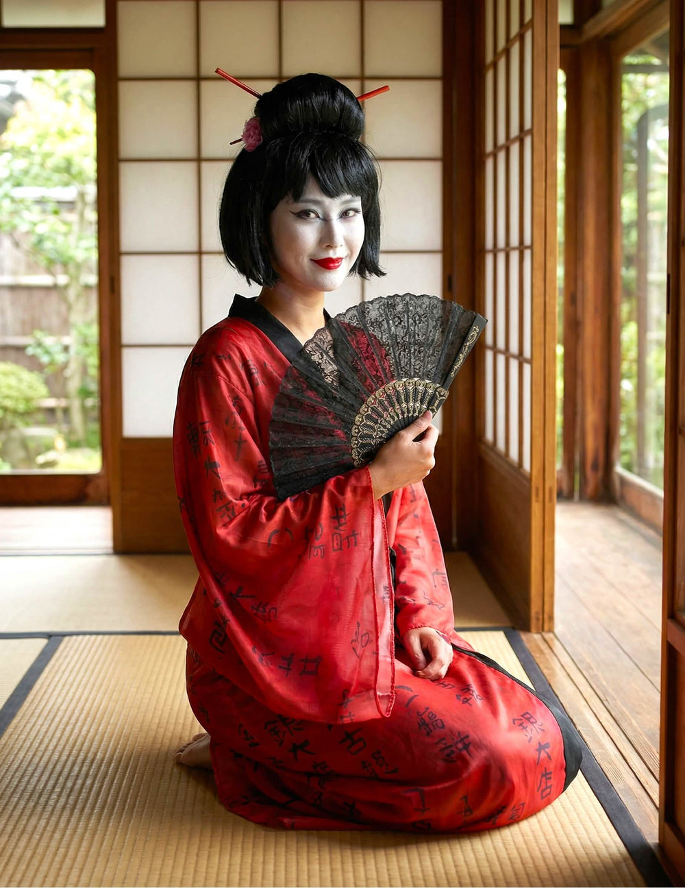 Prednji pogled klečećeg kostima gejše kimono