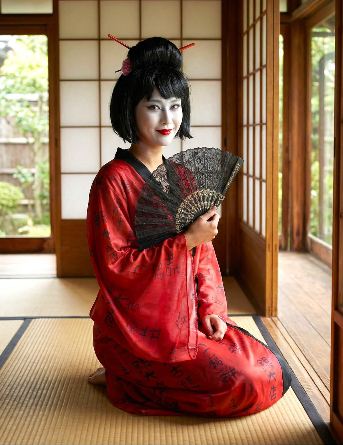 Prednji pogled klečećeg kostima gejše kimono