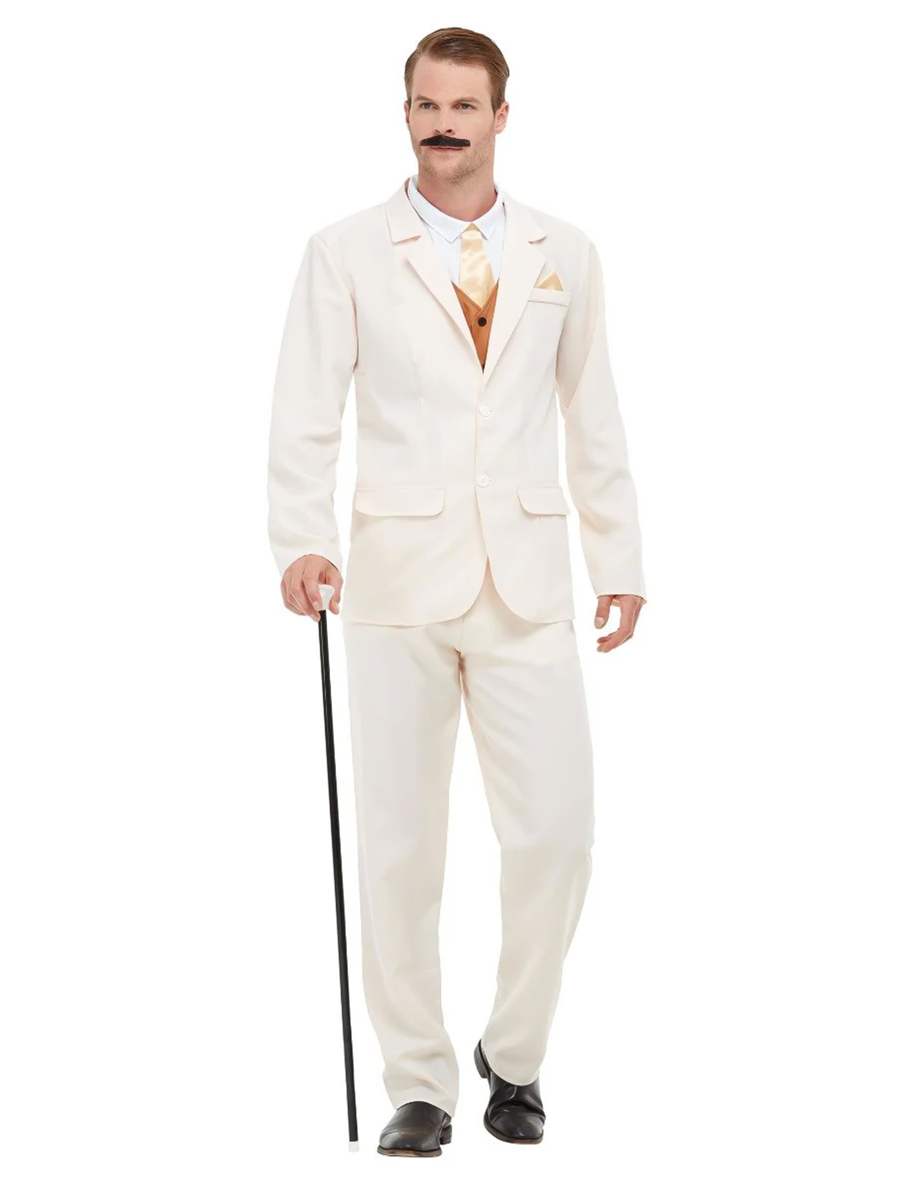 Déguisement gentleman des années 20 pour homme beige avec gilet et cravate dorés
