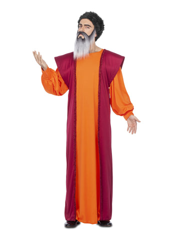 Déguisement de gourou pour adulte orange et bordeaux avec barbe et perruque