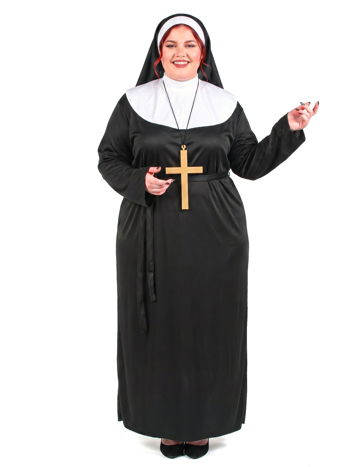 Déguisement de bonne soeur pour femme noir et blanc avec croix dorée