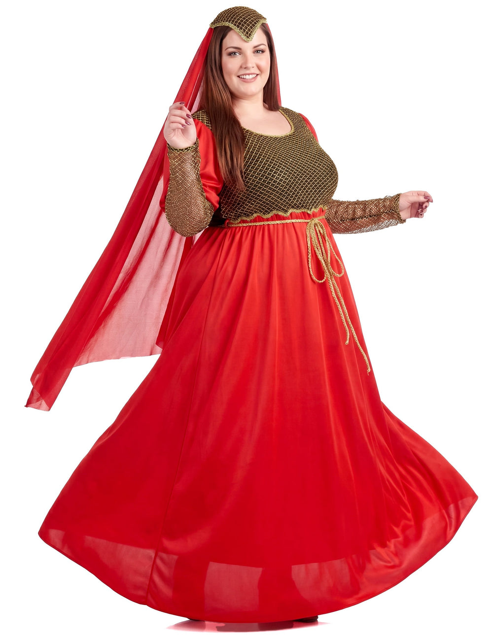 Déguisement médiéval pour femme rouge avec détails dorés et coiffe