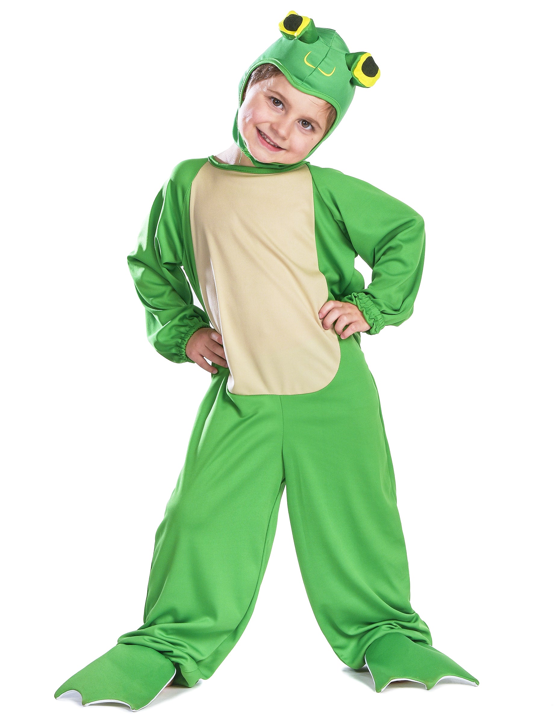 Déguisement grenouille pour enfant vert et jaune avec cagoule à gros yeux
