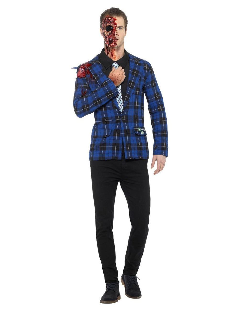 Déguisement de Gustavo Breaking Bad™ pour homme bleu à carreaux avec maquillage de visage brûlé