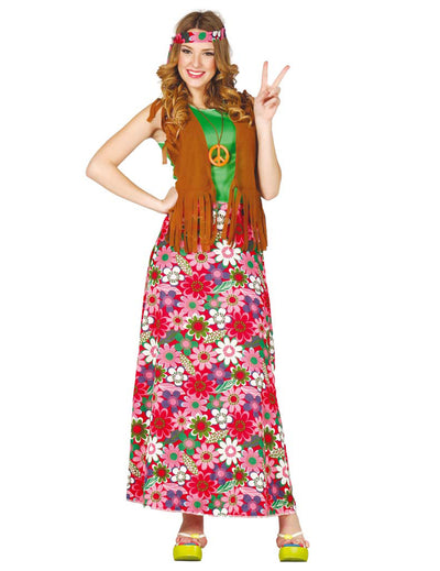 Déguisement happy hippie pour femme avec jupe longue à fleurs et gilet à franges marron