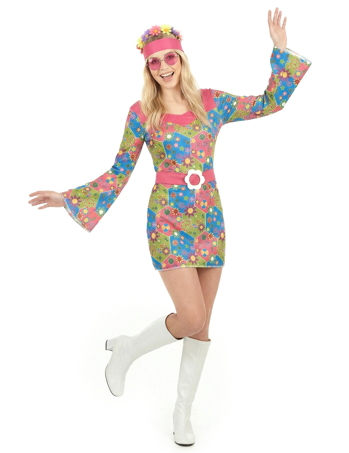 Déguisement hippie à fleurs pour femme multicolore avec robe à manches évasées et bandeau