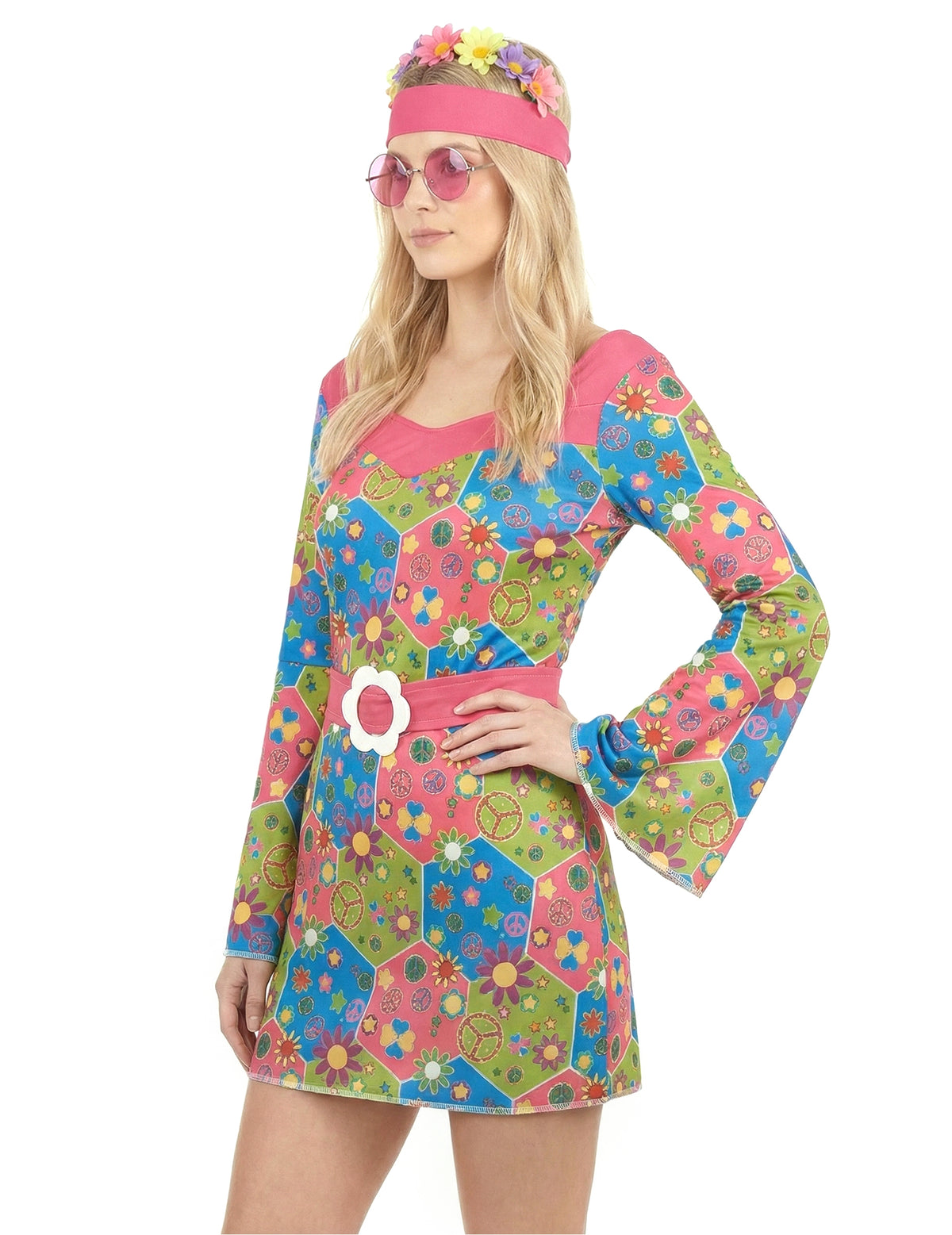 Vue de trois-quarts du déguisement hippie à fleurs