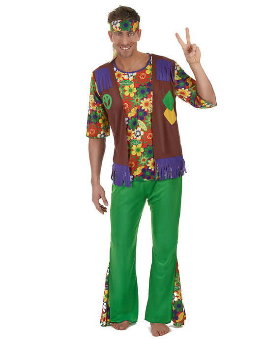 Déguisement Hippie flower power pour homme vert et marron à motifs fleurs avec bandeau