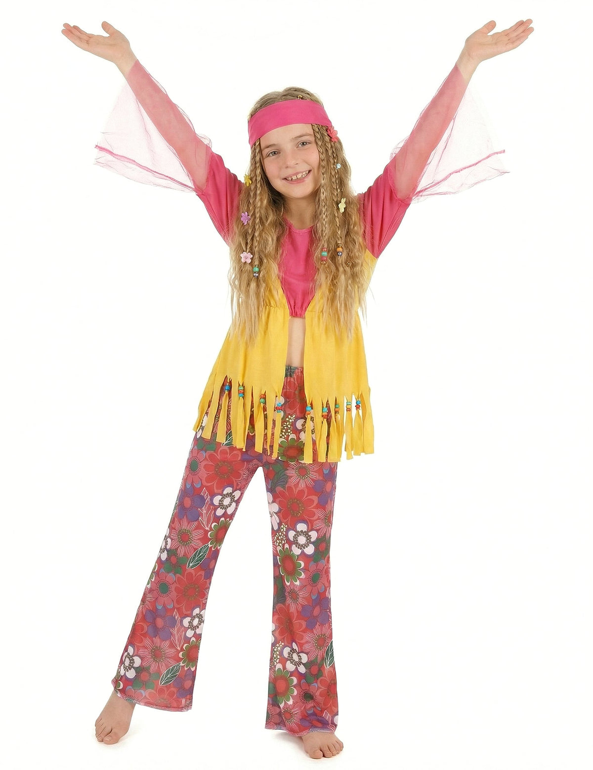 Déguisement hippie pour fille multicolore avec gilet jaune et pantalon à fleurs