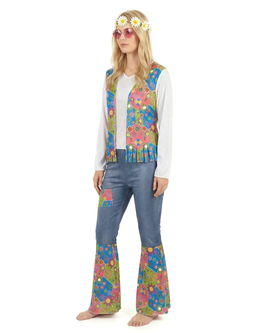 Déguisement hippie peace and love pour femme bleu et rose avec motifs fleurs et gilet à franges