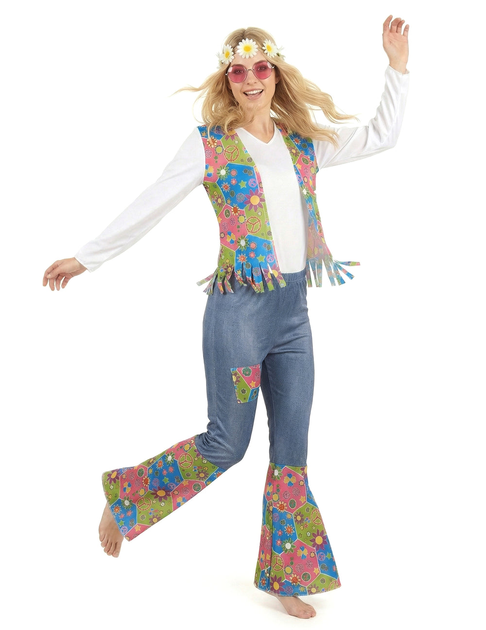 Vue d'ensemble de face du déguisement hippie peace and love pour femme