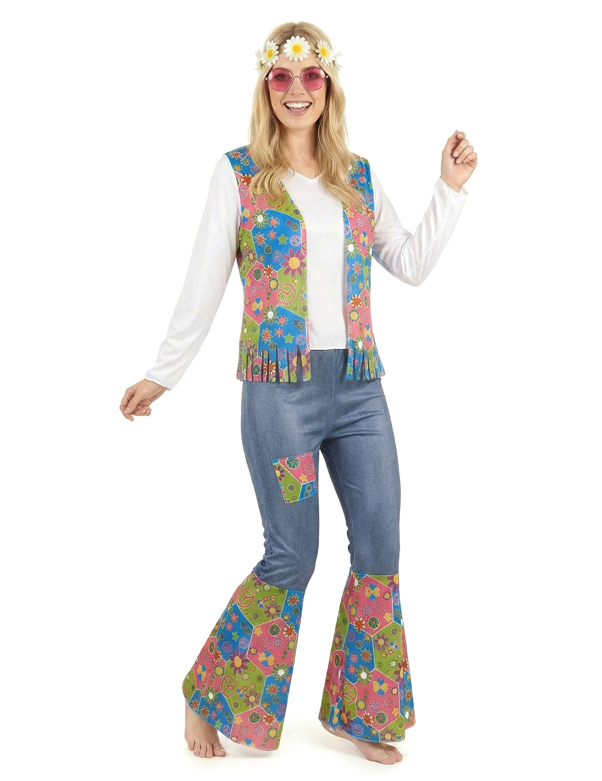 Vue de face du déguisement hippie peace and love pour femme