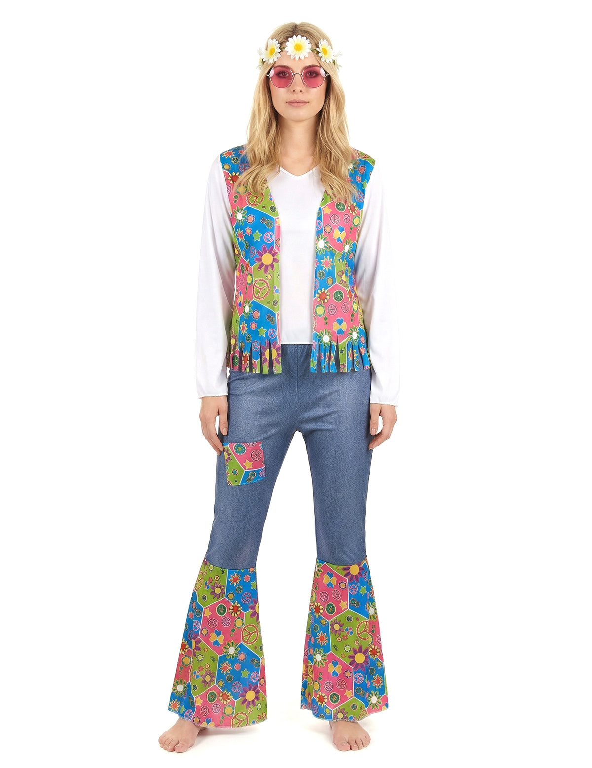 Vue en pied du déguisement hippie peace and love pour femme