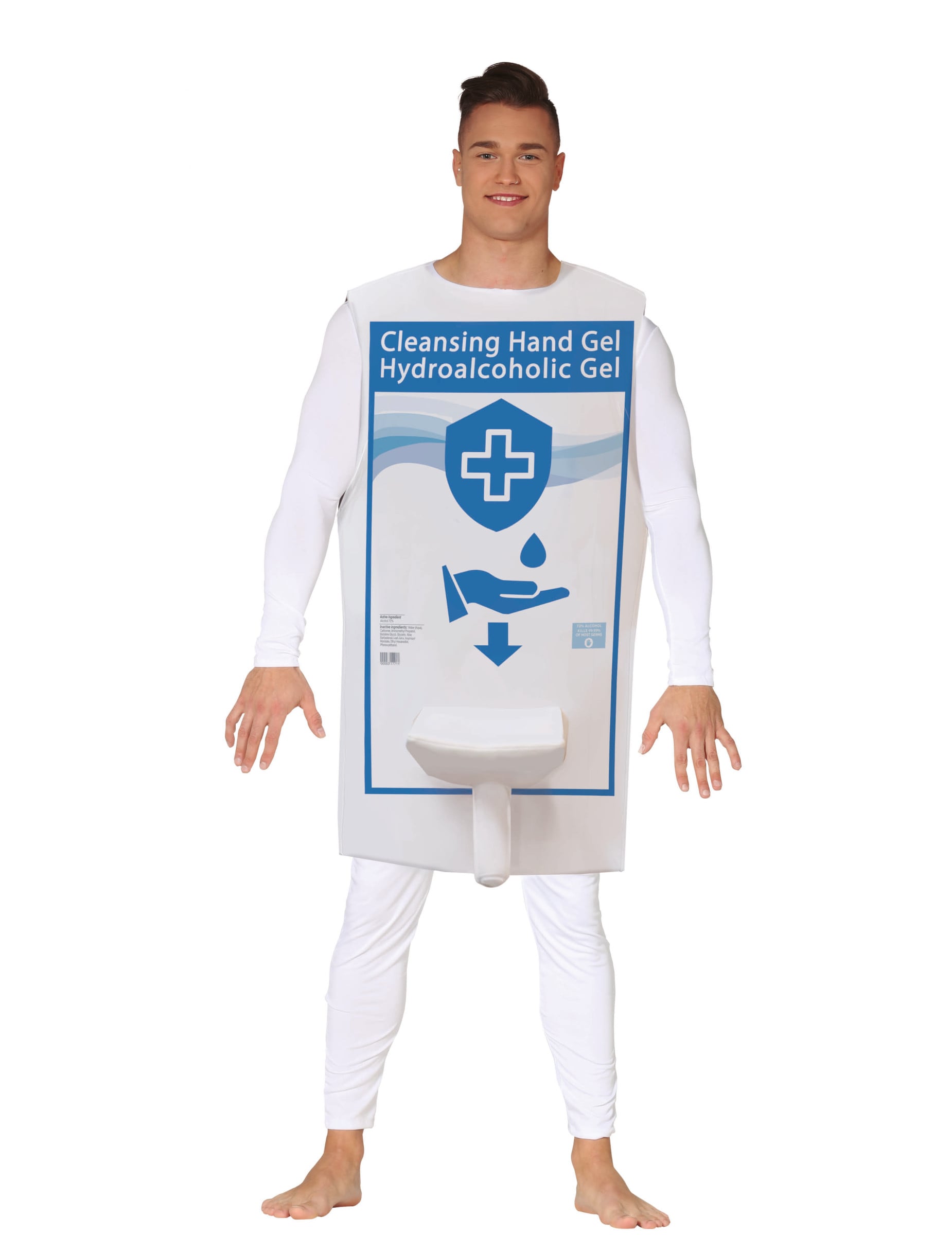 Déguisement humoristique de gel hydroalcoolique pour adulte blanc et bleu