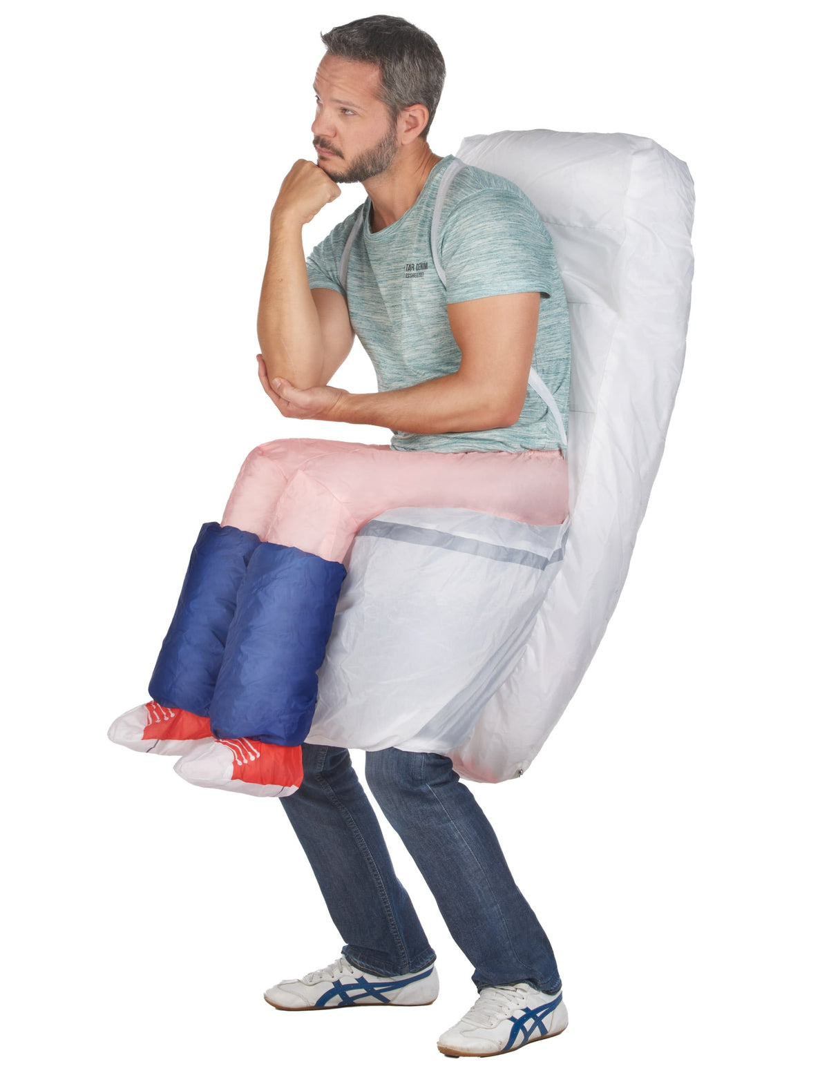 Déguisement humoristique toilette gonflable pour adulte blanc avec fausses jambes roses et bleues